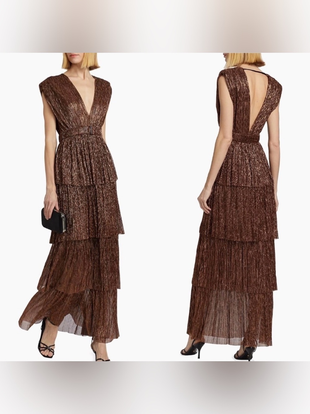 Sabina Musayev Skylar tiered belted metallic gown in gold brown size S